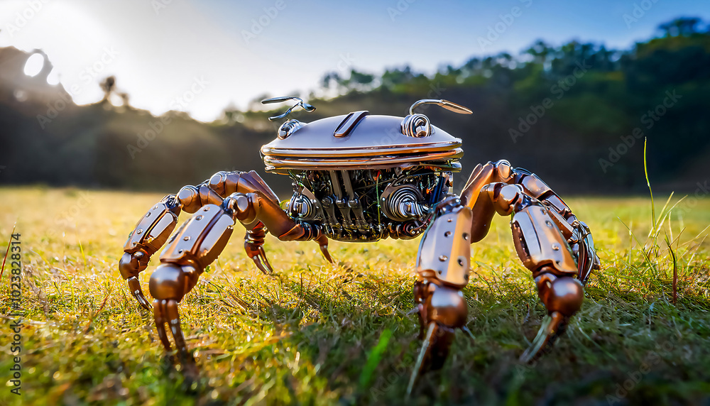 Fototapeta premium Robotic crab, microprocessor with crab legs, made of metal and microprocessor, scuttles across a grassy field, its mechanical legs clanking against the ground