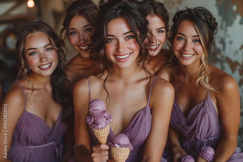 Obraz premium A joyful gathering of women in purple dresses enjoying ice cream together in a lighthearted scene