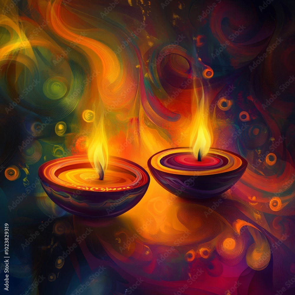 Two lit candles in a colorful bowl. The bowl is surrounded by a swirl of colors and the candles are the only bright spot in the image Two lit candles in a colorful bowl. The bowl is surrounded by a swirl of colors and the candles are the only bright spot in the image