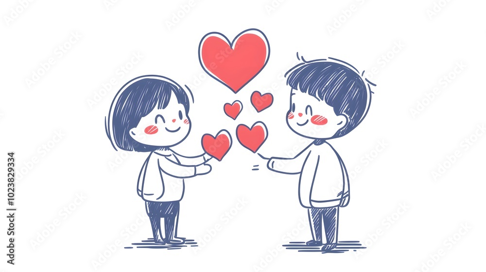 A simple cartoon drawing of a boy giving a heart to a girl A simple cartoon drawing of a boy giving a heart to a girl