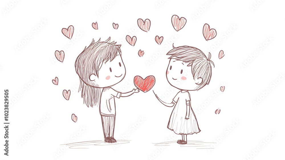 A simple cartoon drawing of a boy giving a heart to a girl A simple cartoon drawing of a boy giving a heart to a girl