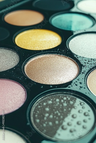 Open Luxury Eye Palette Showcasing Shimmering Shades and Vibrant Colors With Droplets