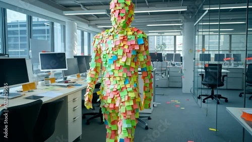 Busy Office Worker Covered in Sticky Notes Represents Overwhelm and Workload