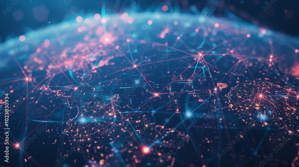 Obraz premium A vibrant digital representation of global network connections with glowing data points and futuristic technology elements.