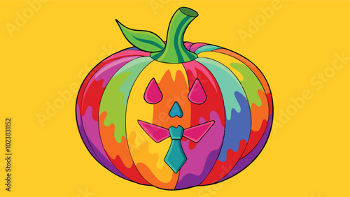 A colorful pumpkin with a whimsical design featuring a face, bow tie, and vivid rainbow colors set against a bright yellow background