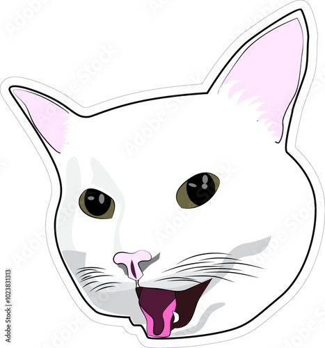 Sticker with a cat. Vector. Meme white cat rejoicing. Minimalist style, comic book, cartoon. 