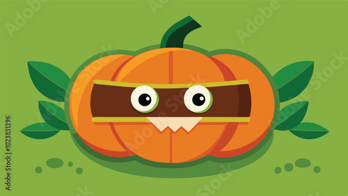 A whimsical illustration of a pumpkin with a cartoonish face surrounded by autumn leaves on a soft green background, perfect for celebrating the fall season