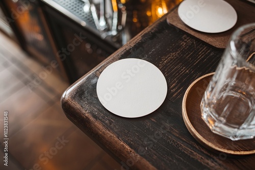 White coaster in a restaurant: Clean and blank, perfect for showcasing a beverage or brand. Ideal for use in pubs, bars, or cafes to enhance dining and drinking experience.