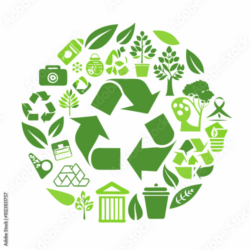 Green recycling symbols and eco-friendly icons in a circular design representing sustainability