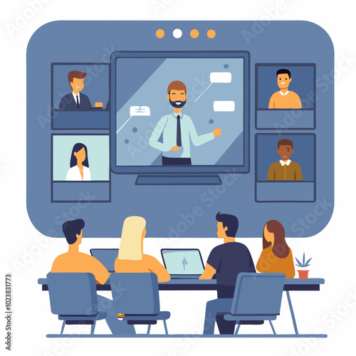 Virtual meeting with diverse participants on video screens and presenter in the center, illustrating remote collaboration