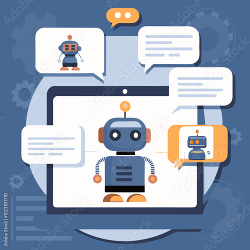 Chatbot illustration with speech bubbles and robot characters demonstrating communication and technology