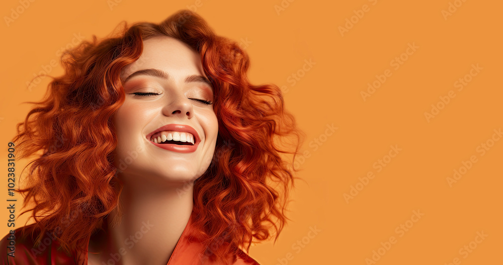 Beautiful woman with red wavy hair and make-up, cosmetics advertisement, close-up,orange background Beautiful woman with red wavy hair and make-up, cosmetics advertisement, close-up,orange background
