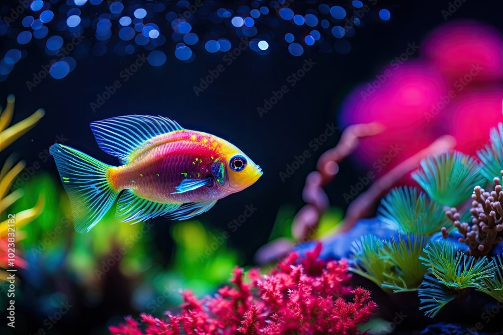 Multi-colored neon glowing fish in dark aquarium background,close up, space for text Multi-colored neon glowing fish in dark aquarium background,close up, space for text