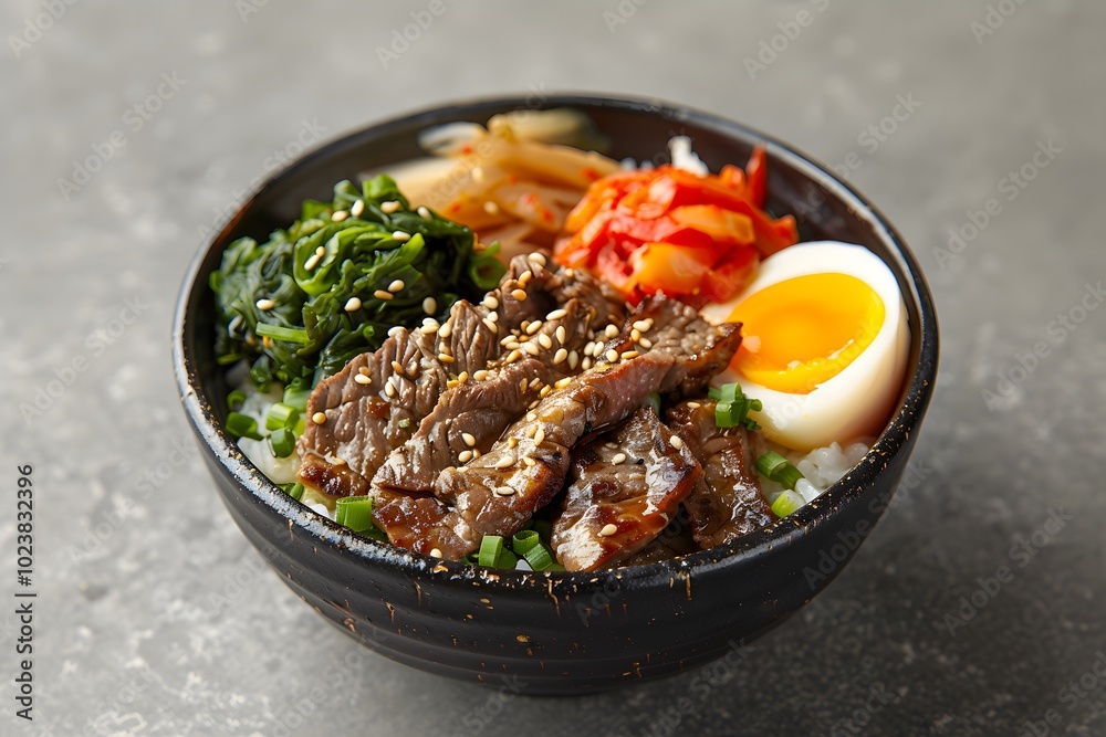 Korean beef bibimbap with rice, vegetables, and soft-boiled egg in a black bowl. Overhead view of a traditional Korean dish for food blogs, restaurant menus, and Asian cuisine promotions. Korean beef bibimbap with rice, vegetables, and soft-boiled egg in a black bowl. Overhead view of a traditional Korean dish for food blogs, restaurant menus, and Asian cuisine promotions.