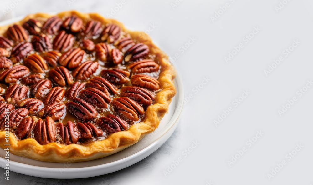 Pecan pie on white marble background,top view, close up Pecan pie on white marble background,top view, close up