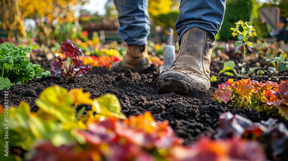 Fototapeta premium A worker digs soil in a colorful garden, loosening the black dirt for agricultural purposes in autumn. The worker's boot or shoe rests on the spade, preparing for the digging task. 