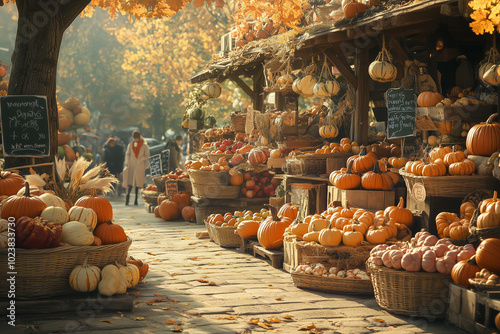 A street with a market full of pumpkins and apples photo