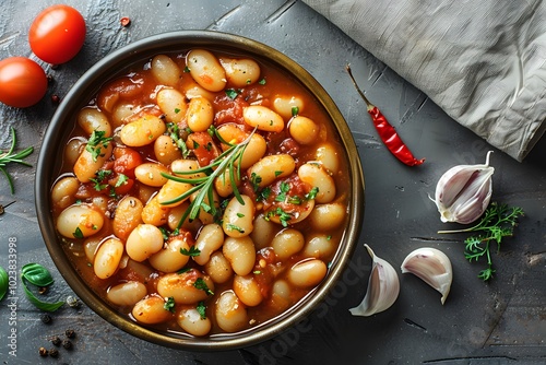 Giant white beans in tomato sauce with fresh herbs served in a ceramic bowl. Overhead view of a traditional Mediterranean dish for food blogs, restaurant menus, and healthy eating promotions. photo