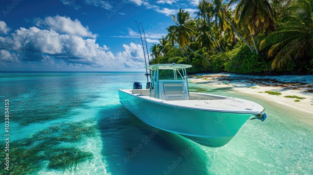 Boat Anchored in a Tropical Lagoon with Clear Turquoise Water Boat Anchored in a Tropical Lagoon with Clear Turquoise Water