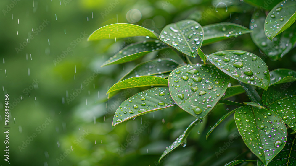 Raindrops on vibrant green leaves capturing nature's freshness Raindrops on vibrant green leaves capturing nature's freshness