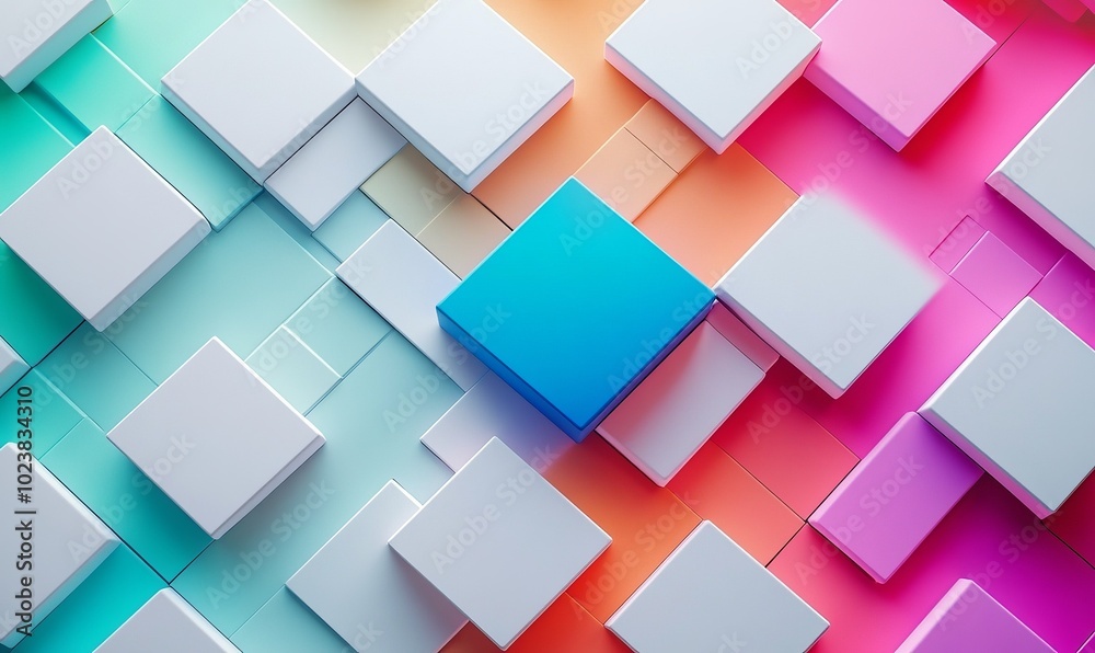 A colorful background with white squares and a blue square A colorful background with white squares and a blue square