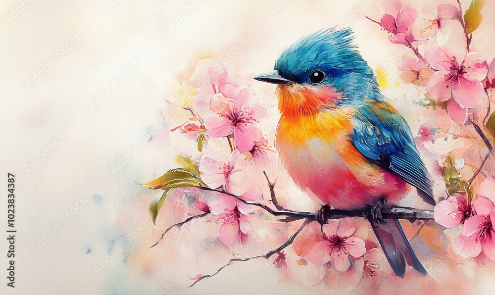 A colorful bird sits gracefully on a blossoming branch surrounded by delicate pink flowers, set against a tranquil pale background. A colorful bird sits gracefully on a blossoming branch surrounded by delicate pink flowers, set against a tranquil pale background.