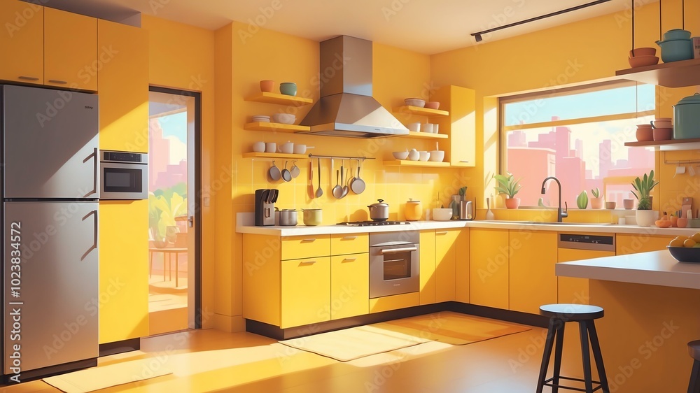 yellow themed aesthetic minimalist kitchen interior concept illustration background yellow themed aesthetic minimalist kitchen interior concept illustration background