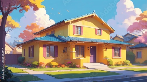 yellow themed aesthetic minimalist one storey house concept illustration background photo