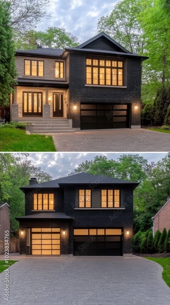 A striking black mansion boasts large windows glowing with warm light, surrounded by well-kept landscaping in a tranquil suburban neighborhood at dusk A striking black mansion boasts large windows glowing with warm light, surrounded by well-kept landscaping in a tranquil suburban neighborhood at dusk
