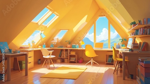 yellow themed aesthetic minimalist attic interior concept illustration background photo