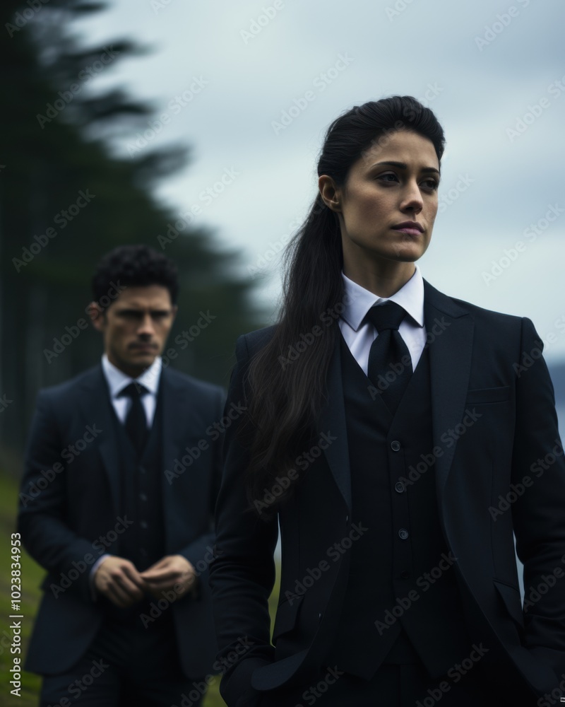 Serious woman in formal attire with man in background