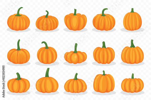 Vector Cartoon Pumpkins Collection. Flat Colorful Pumpkins Icon Set. Design Templates for Halloween, Fall, Harvest. Cute and Fun Simple Pumpkin Illustrations