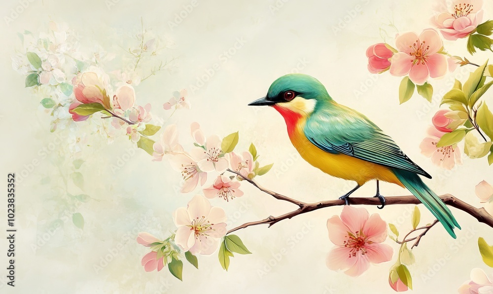 A colorful bird sits gracefully on a blossoming branch surrounded by delicate pink flowers, set against a tranquil pale background. A colorful bird sits gracefully on a blossoming branch surrounded by delicate pink flowers, set against a tranquil pale background.
