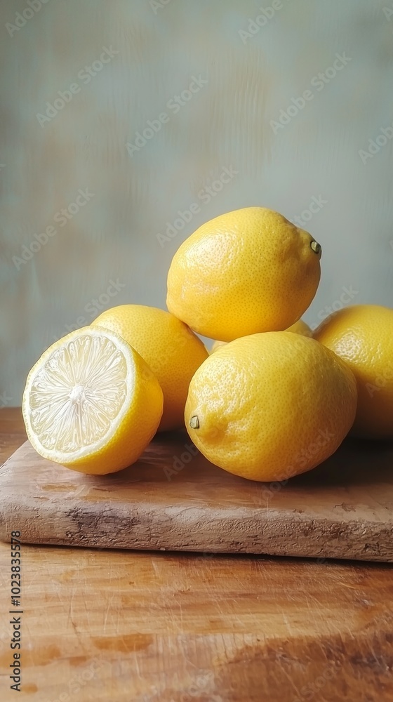 Fresh lemons arranged on a rustic wooden surface, with one cut in half showcasing its juicy interior, highlighting their vibrant yellow color and smooth texture Fresh lemons arranged on a rustic wooden surface, with one cut in half showcasing its juicy interior, highlighting their vibrant yellow color and smooth texture