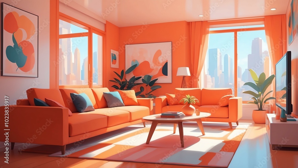 orange themed aesthetic minimalist living room interior concept illustration background orange themed aesthetic minimalist living room interior concept illustration background