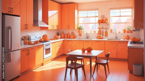 orange themed aesthetic minimalist kitchen interior concept illustration background