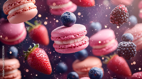 a lot of macarons, strawberries, blueberries, blackberries flying in the cosmos, sparkl stars, dream like photo