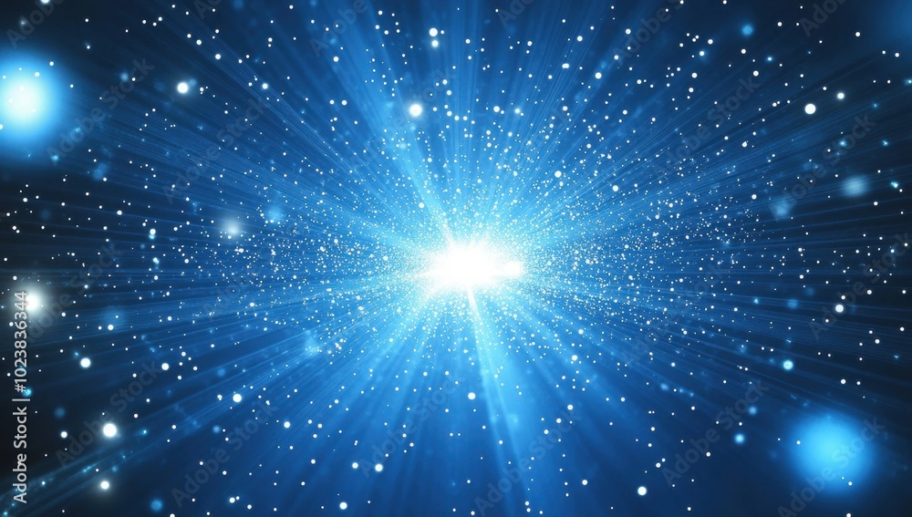 Fototapeta premium Blue glowing light particles in the background with white stars and rays on a dark blue space, a futuristic technology concept Generative AI