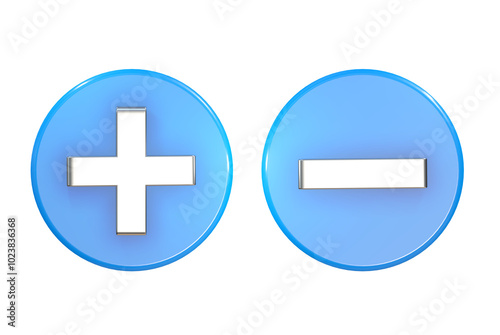 Plus and minus buttons 3d on png transparent background.