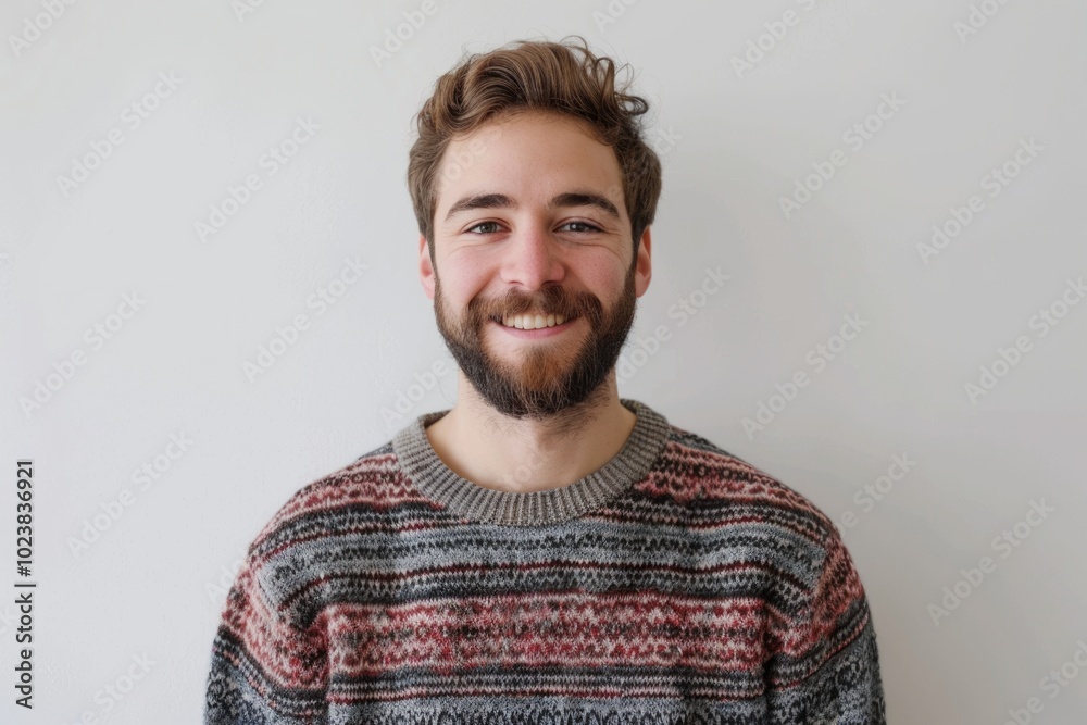 Fototapeta premium Handsome man with beard smiling in casual sweater. Lucky.