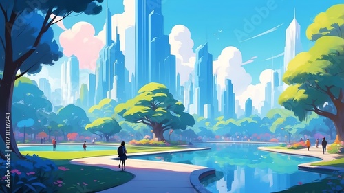 blue themed aesthetic minimalist city park concept illustration background