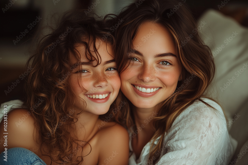 Smiling woman hugs her daughter in bright living room, in a special moment full of shared everyday happiness. Smiling woman hugs her daughter in bright living room, in a special moment full of shared everyday happiness.