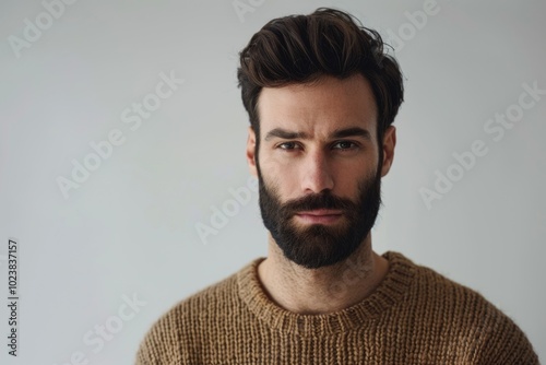 Serious young man in casual sweater with beard.