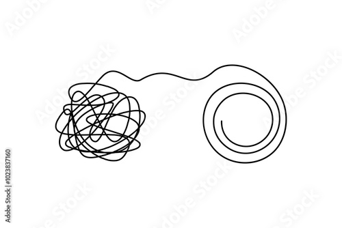 Concept psychology, mental health, ordering the inner world.  Tangled thoughts move into order. Line art on white background