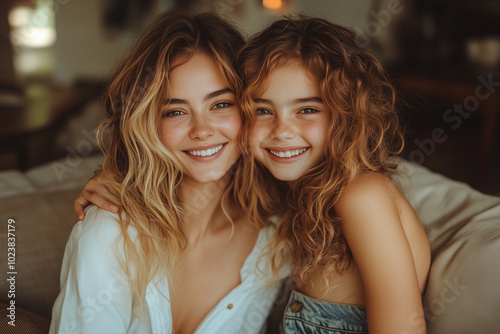 Mother and daughter on cream-colored sofa, enjoying natural light, laughing and loving connection.