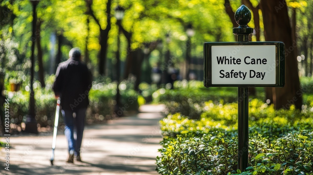 Obraz premium A person using a white cane strolls through a vibrant park on White Cane Safety Day