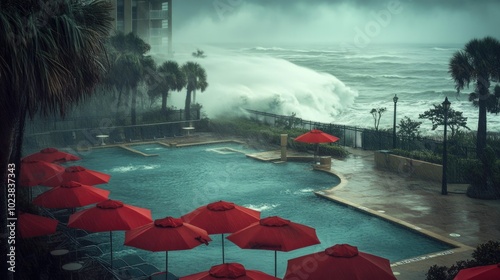 Fierce ocean waves crash against coastal hotel pool amid powerful storm, palms and red umbrellas sway in wind, hurricanes and disasters