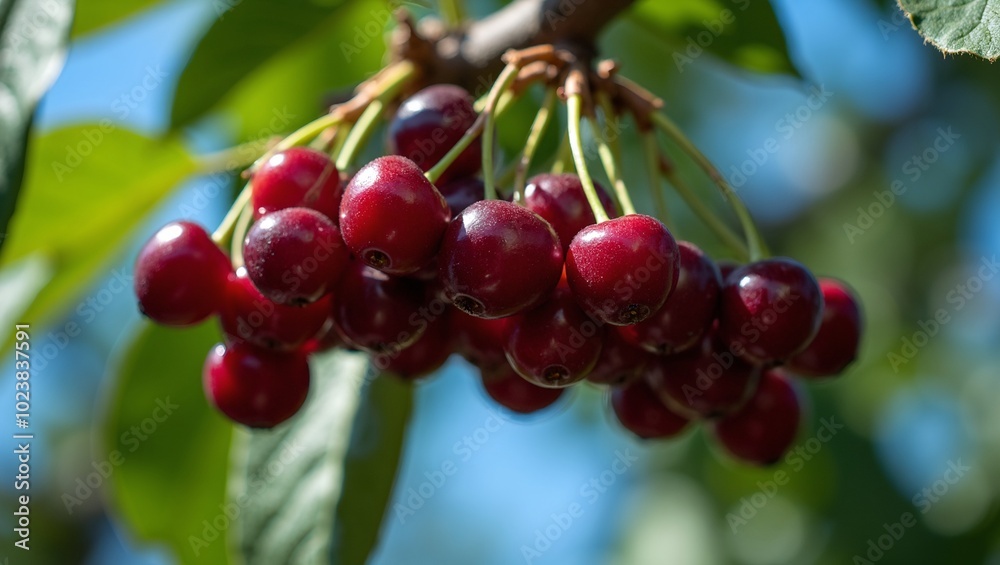 Ripe red cherries hanging from tree branches against a blue sky Ripe red cherries hanging from tree branches against a blue sky