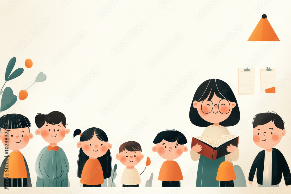Illustration of teacher reading to a group of happy children, educational setting concept Illustration of teacher reading to a group of happy children, educational setting concept
