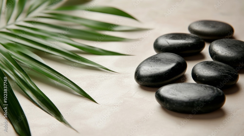 Spa stones and palm leaf on a soft beige background, evoking relaxation and calmness. Spa stones and palm leaf on a soft beige background, evoking relaxation and calmness.